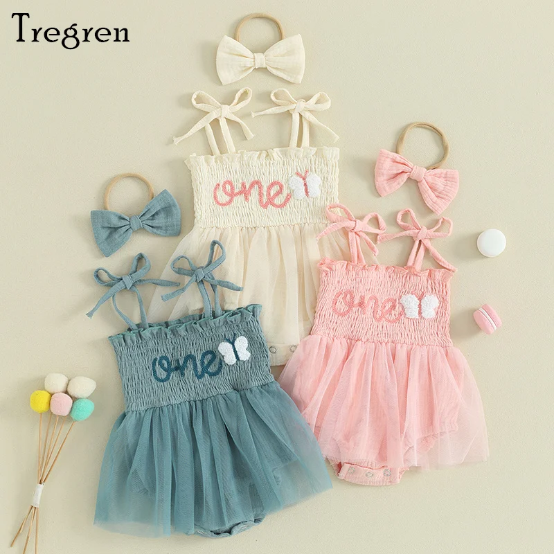 

Tregren 0-12M Newborn Baby Girl Birthday Bodysuit Sleeveless Letters Tie-up Romper Dress with Bow Hairband Cute Summer Clothes