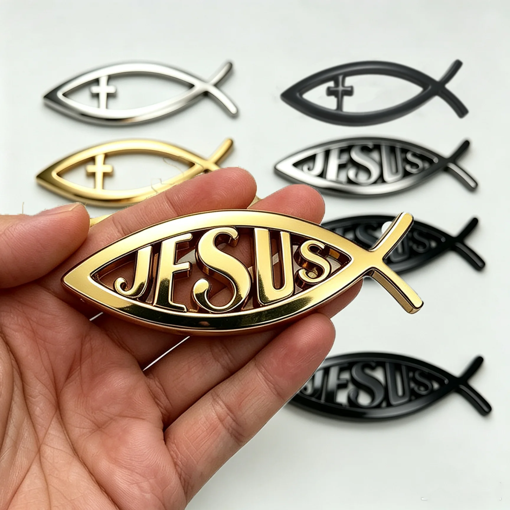 3D Metal Jesus Fish Car Emblem Christian Ichthys Fish Symbol Cross Badge Sticker Universal Auto Rear Trunk Fender Exterior Decor