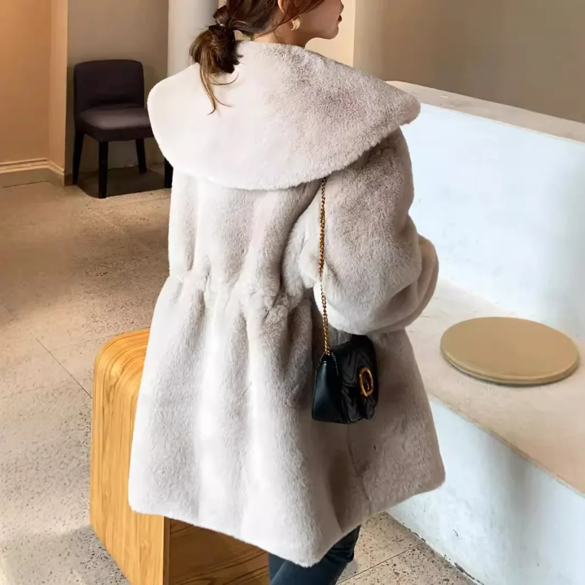 Casual Autumn Winter 2025 Women Faux Rabbit Fur Coats Y2k Overcoat Turn Down Collar Long Sleeves Mid Length Thick Loose Jackets