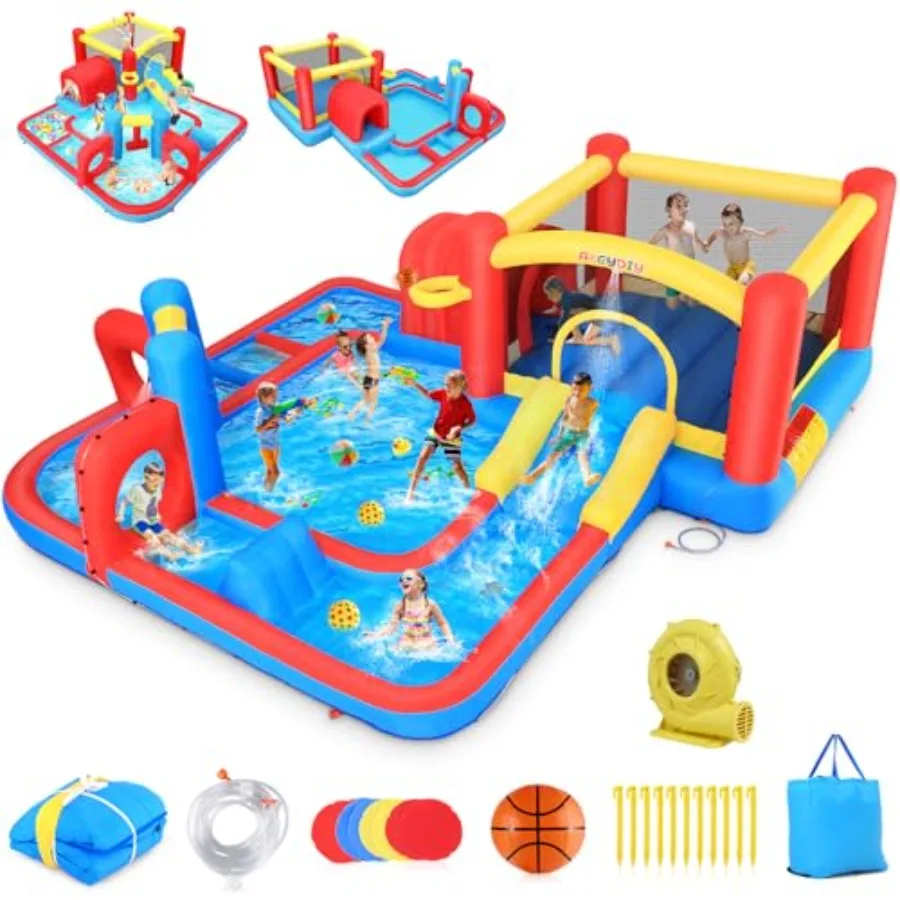 

Backyard inflatable water slide for kids: 12-in-1 water park with bounce area boxing column tunnel obstacle big pool adventure