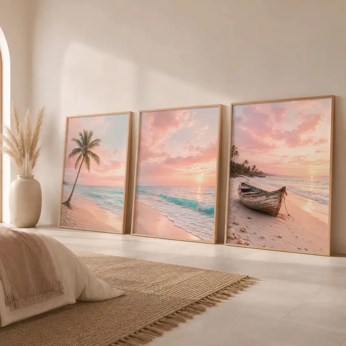 Nordic Coastal Beach Wall Art Pink Sunset Canvas Painting Tropical Ocean Palm Tree Poster Print Living Room Decor