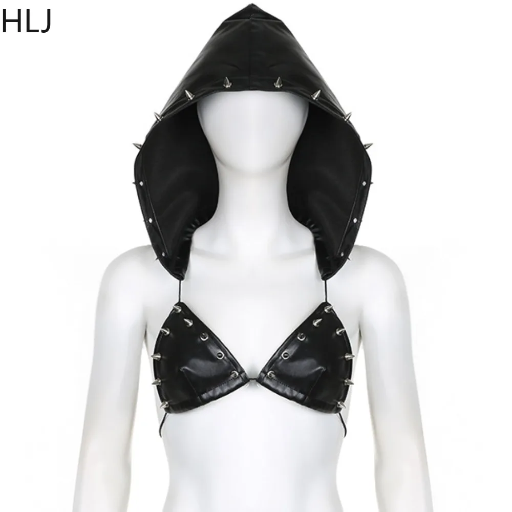 HLJ Black Punk Sexy Leather Pleated Mini Skirts Two Piece Set Women Hooded Backless Lace Up Crop Top And Skirts Nightclub Outfit