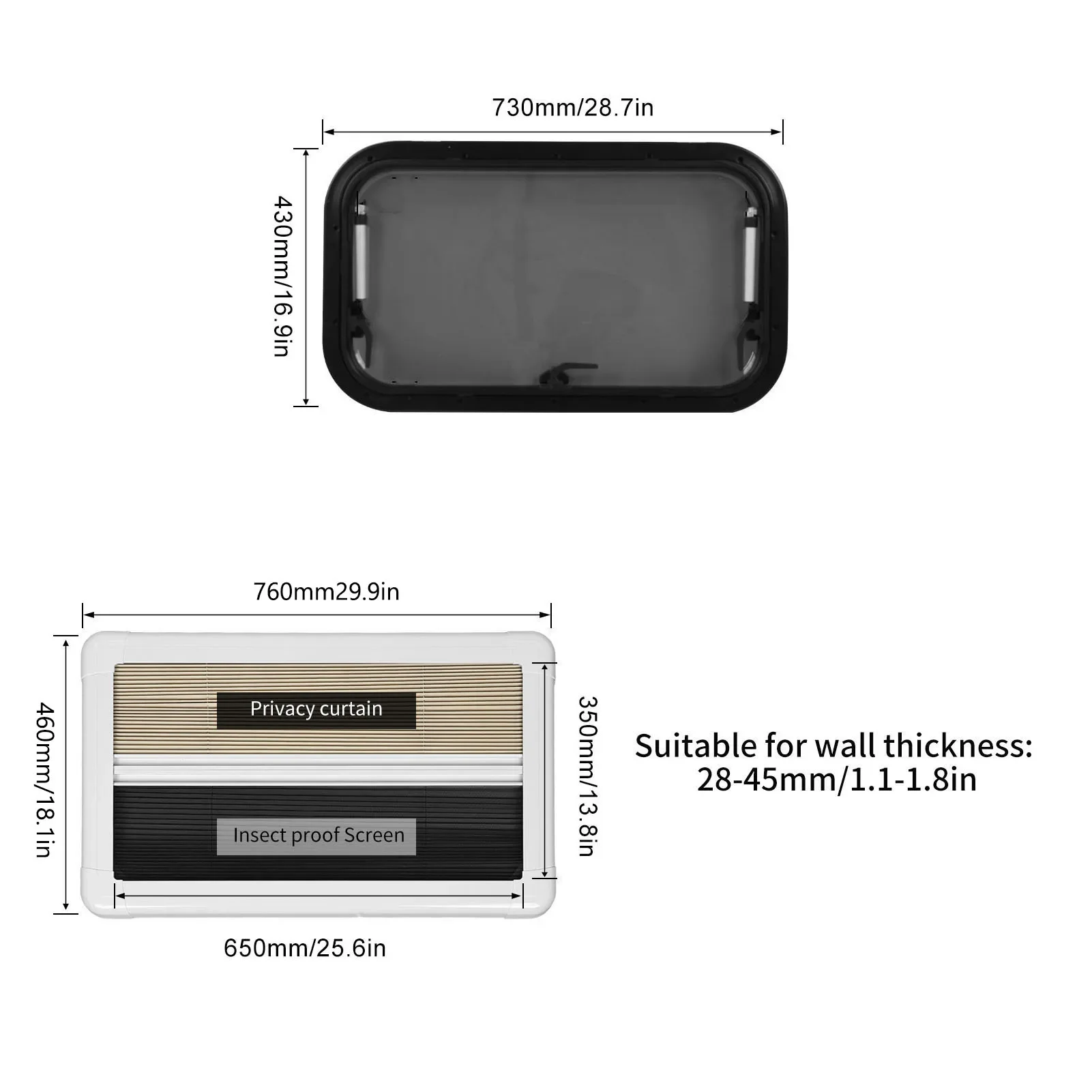 Ventana RV de vidrio acrílico, soporte estable, ventana de empuje L700 H400mm a prueba de insectos con parasol de pantalla para autocaravanas y autocaravanas