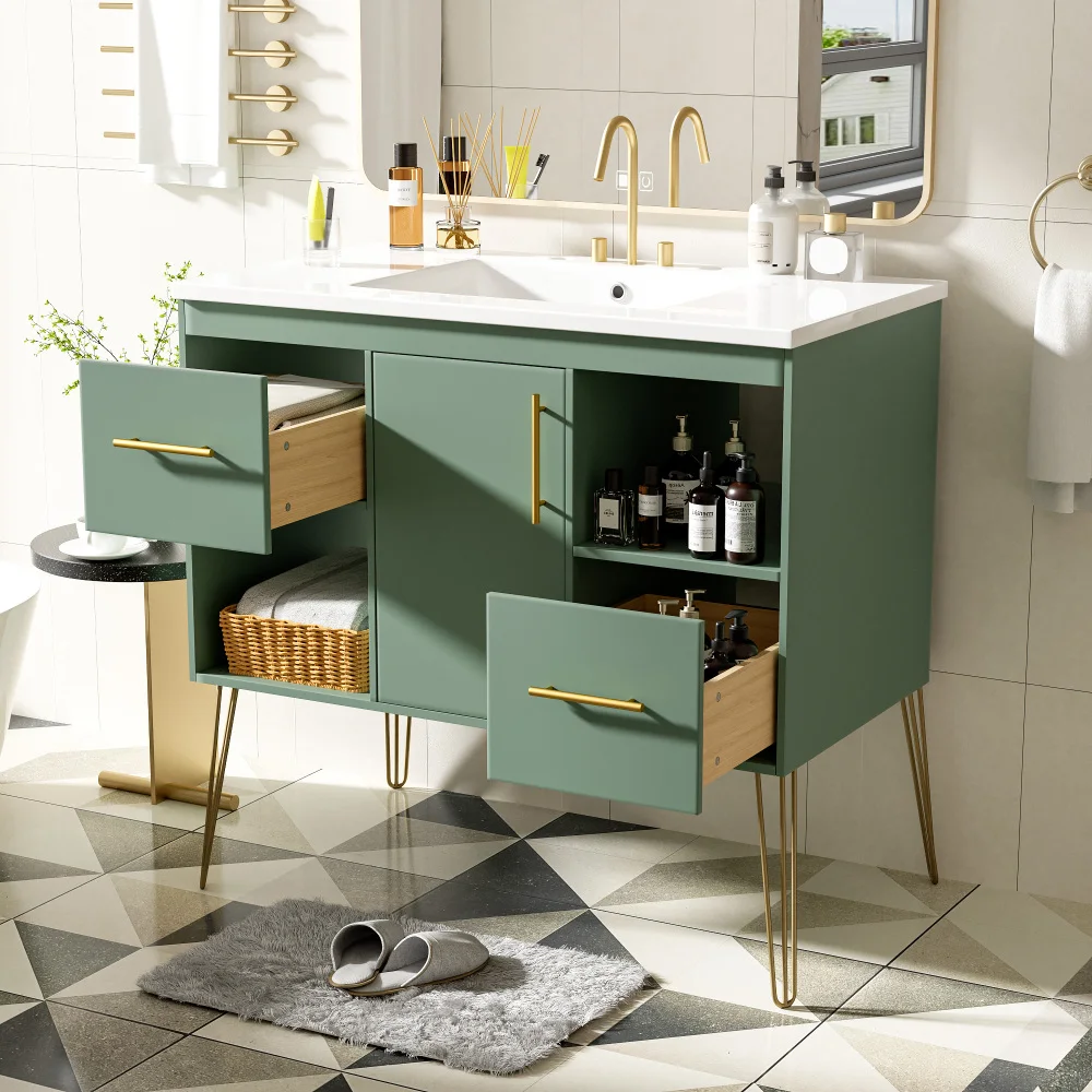 36'' Bathroom Vanity with Resin Sink Combo Set, Modern Freestanding Single Bathroom Cabinet with 2 Drawers & 2 Storage