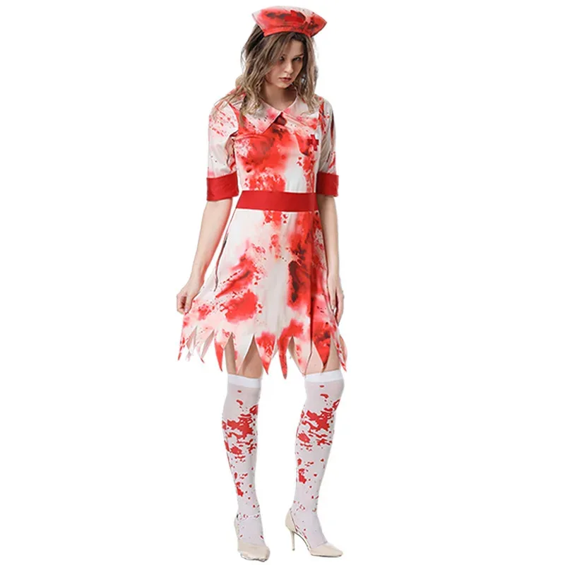 Costumi cosplay spaventosi di Halloween Donne adulte Horror sanguinante stampato Uniforme da infermiera Fantasia Carnevale Festa Abito da palcoscenico