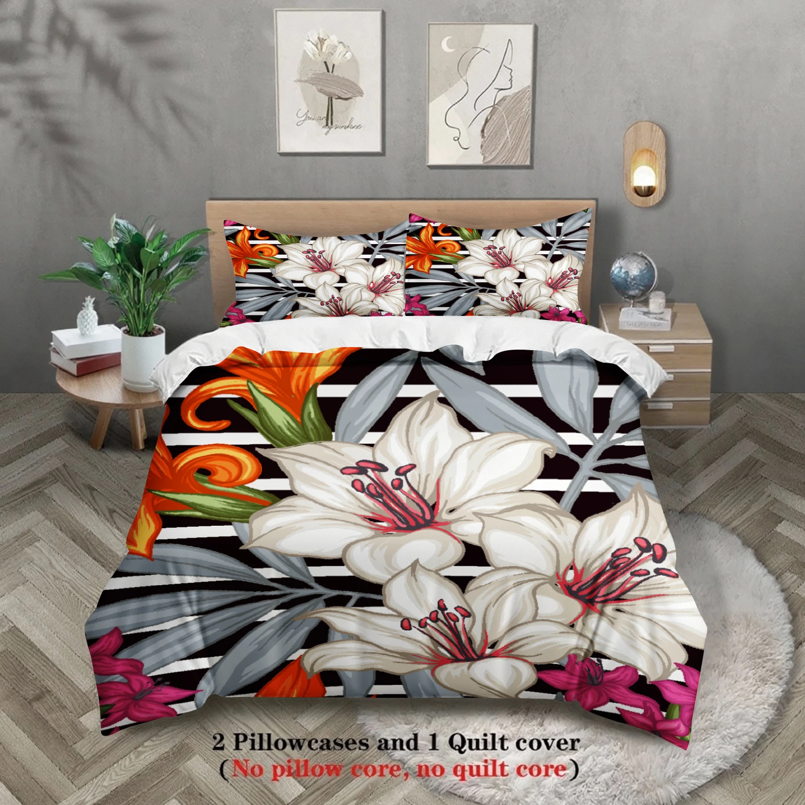 3pcs Floral Illustration Duvet Cover With 2 Pillowcases Gifts For Girls Single Twin Queen Size 100% Polyester Quilt Cover Sets