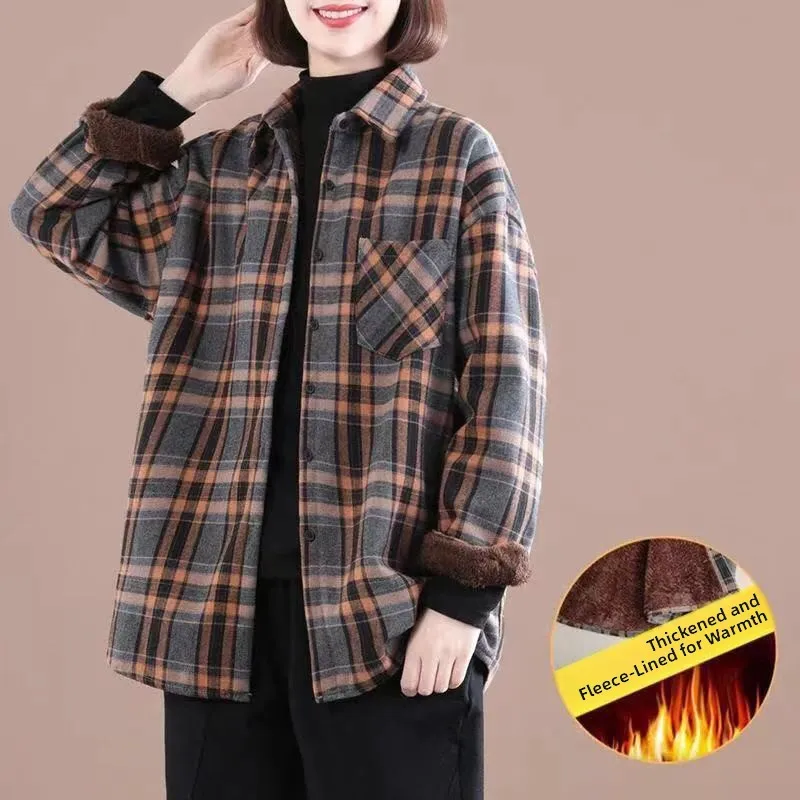 

Thiened Flannel irt Coat Women's plus Size Autumn Winter Cotton Linen Plaid Outerwear Warm Long Sve Button up Top