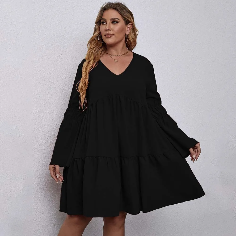 

2025 Plus Size Women's Elegant and Sweet Style Dress Autumn and Winter V-neck Loose Slimming Mid Length Skirt Casual Y2k