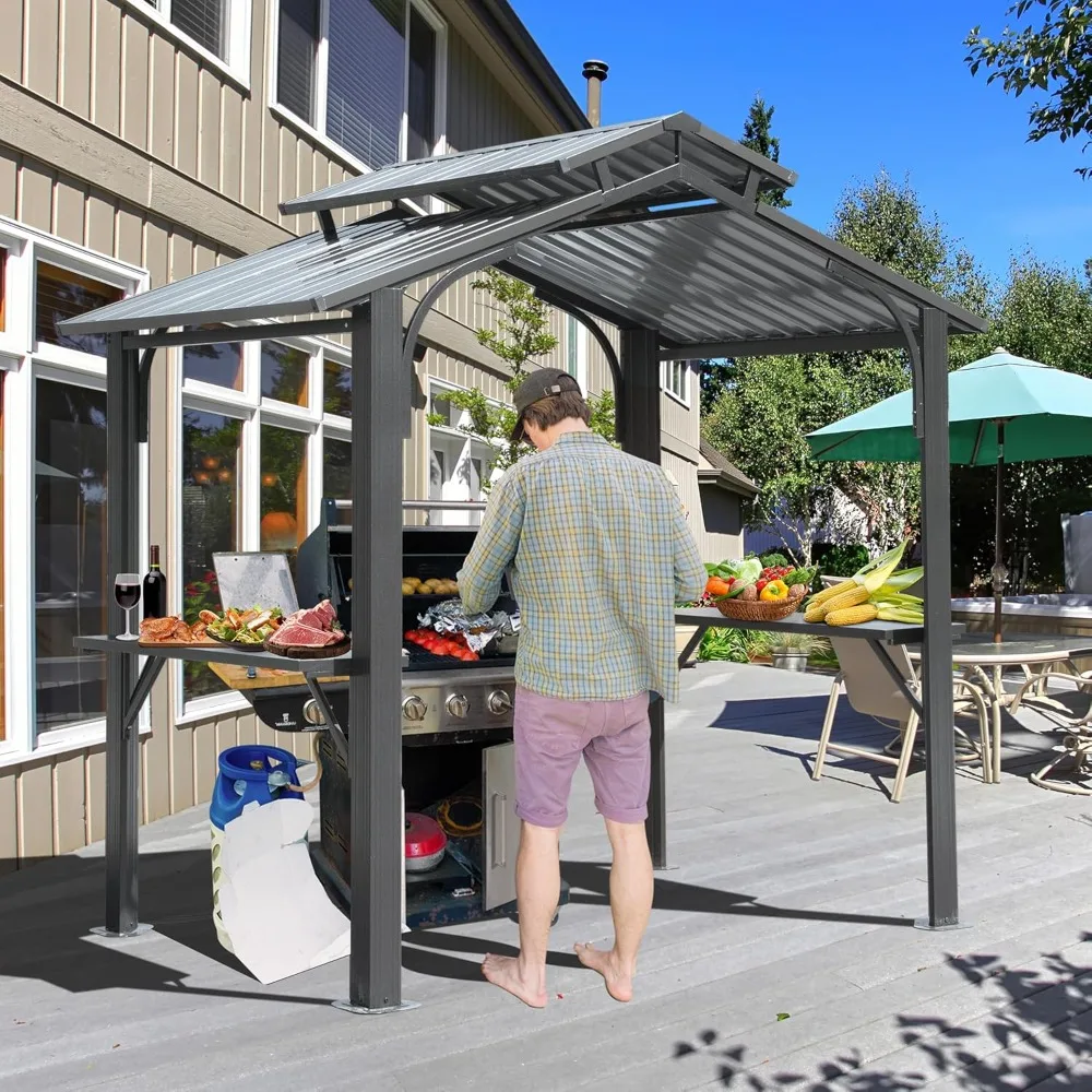 8x5FT Metal Grill Gazebo with 2 Side Shelves and Ceiling Hook，Outdoor Grill Canopy with Galvanized Steel Double Roof，BBQ Gazebo