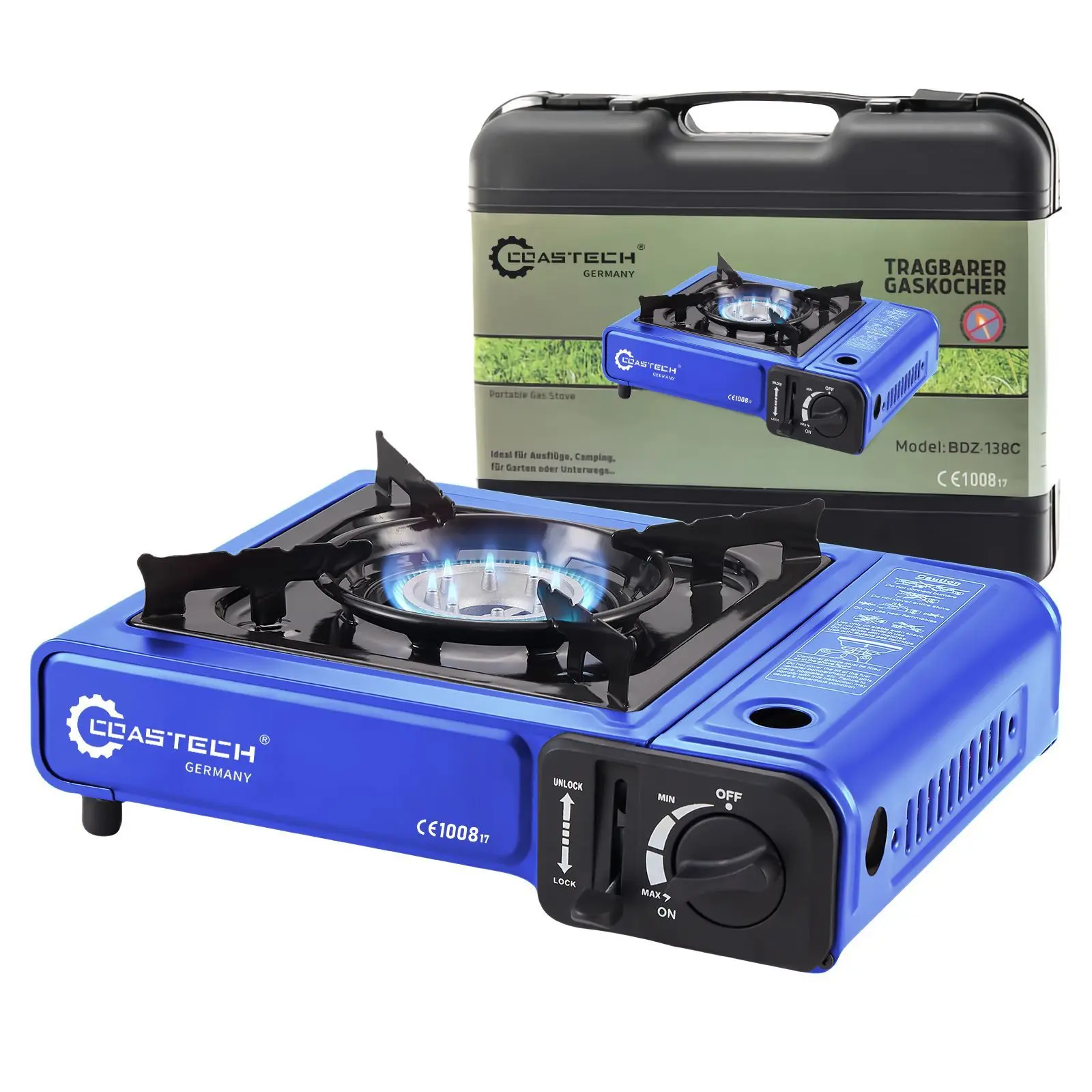Einflammiger tragbarer Gaskocher,kompakter Campingkocher für Garten & Picknick, robuster Mini Gasherd mit stabiler Kochplatte für Töpfe und Pfannen, leichter Outdoor Notkocher, praktische mobile