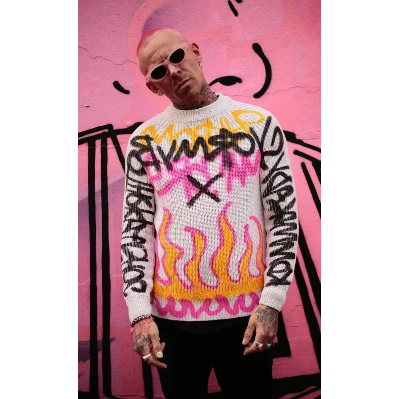Y2K Graffiti Flame Print Knit Sweater Oversized Streetwear Long Sleeve Pullover