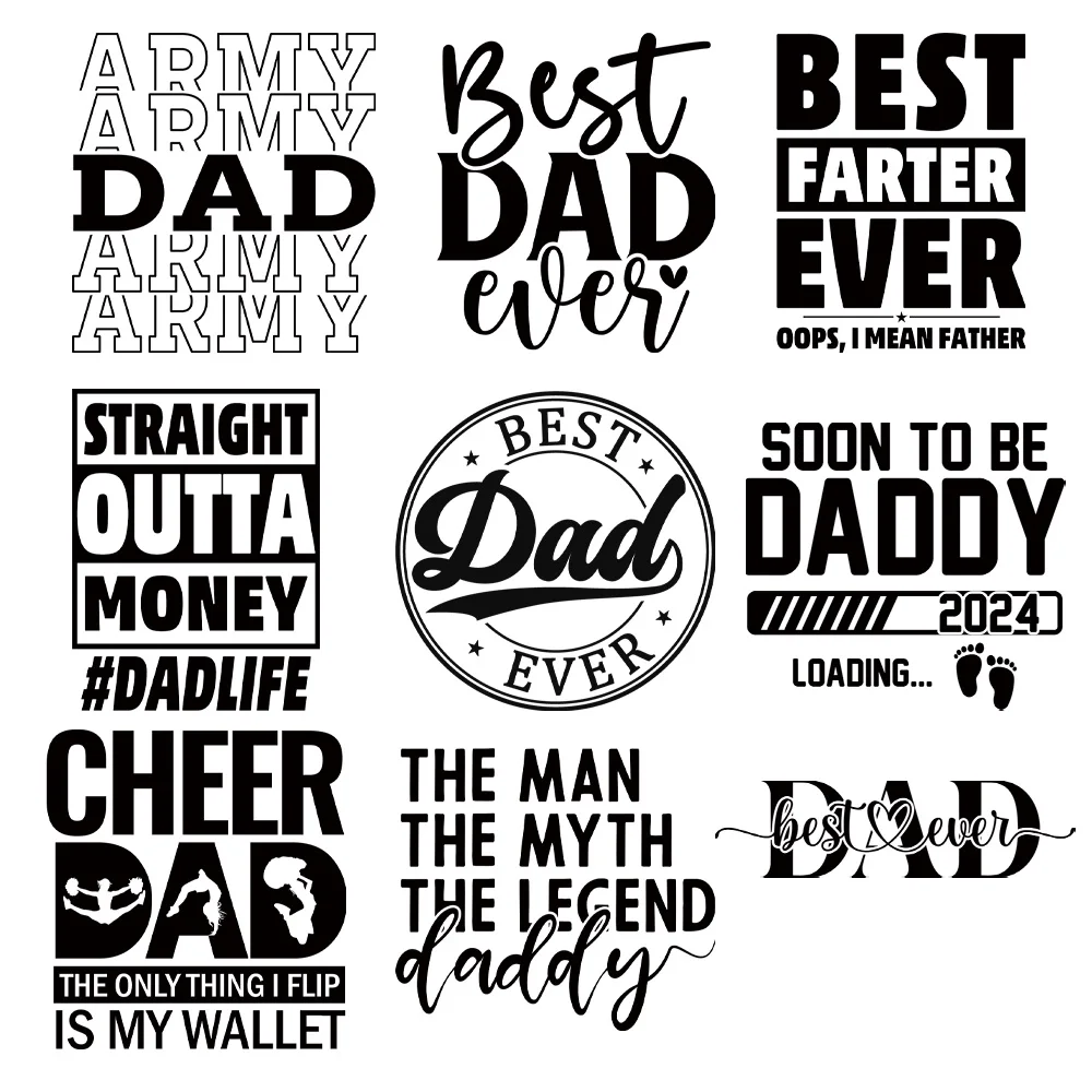 

9piece Black letters The best dad stickers Iron On DTF Plastisol Transfer Stickers For DIY Clothes Bags