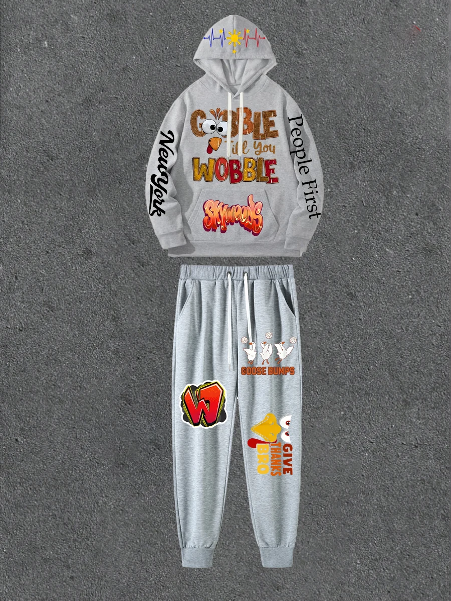 

Gray Double-sided Printed Hoodie Paired With Printed Casual Pants Loose Hoodie Street Style Outfit With Casual Pants