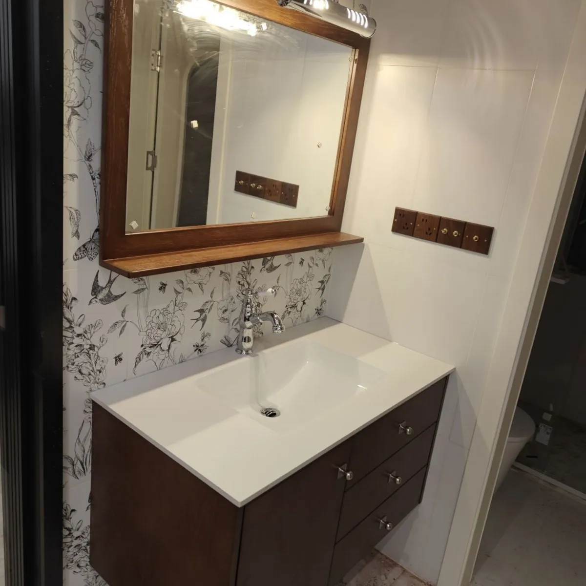 

Medieval walnut color bathroom cabinet combination washstand rock slab ceramic integrated basin washstand