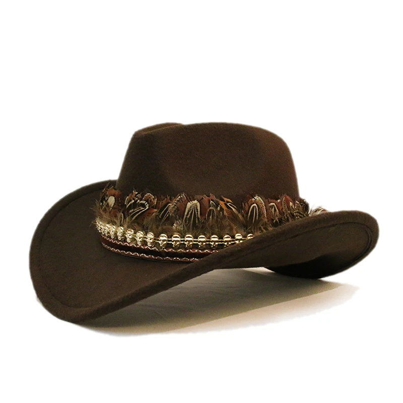 Retro Feather Skull Head Leather Band Unisex Women Men /Kid Child Wool Wide Brim Sun Cowboy Western Hat Cowgirl Cap 54-57-61cm