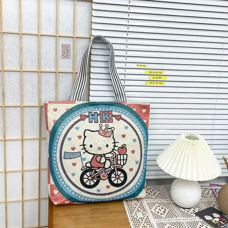 Kawaii Sanrio Kuromi Girl Canvas Embroidery Shopping Bag Shoulder Bag Hello Kitty Cartoon Cartoon Student Fashion Handbag Gift