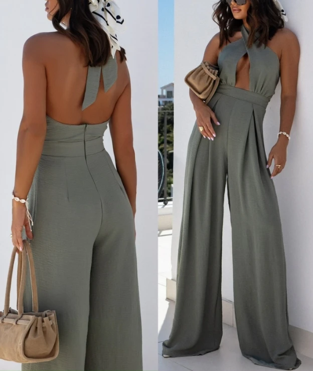 女性ロングジャンプスーツ着用新ファッションロンパース無地ノースリーブオフショルダーセクシーなぶら下げネックハイウエストジャンプスーツ