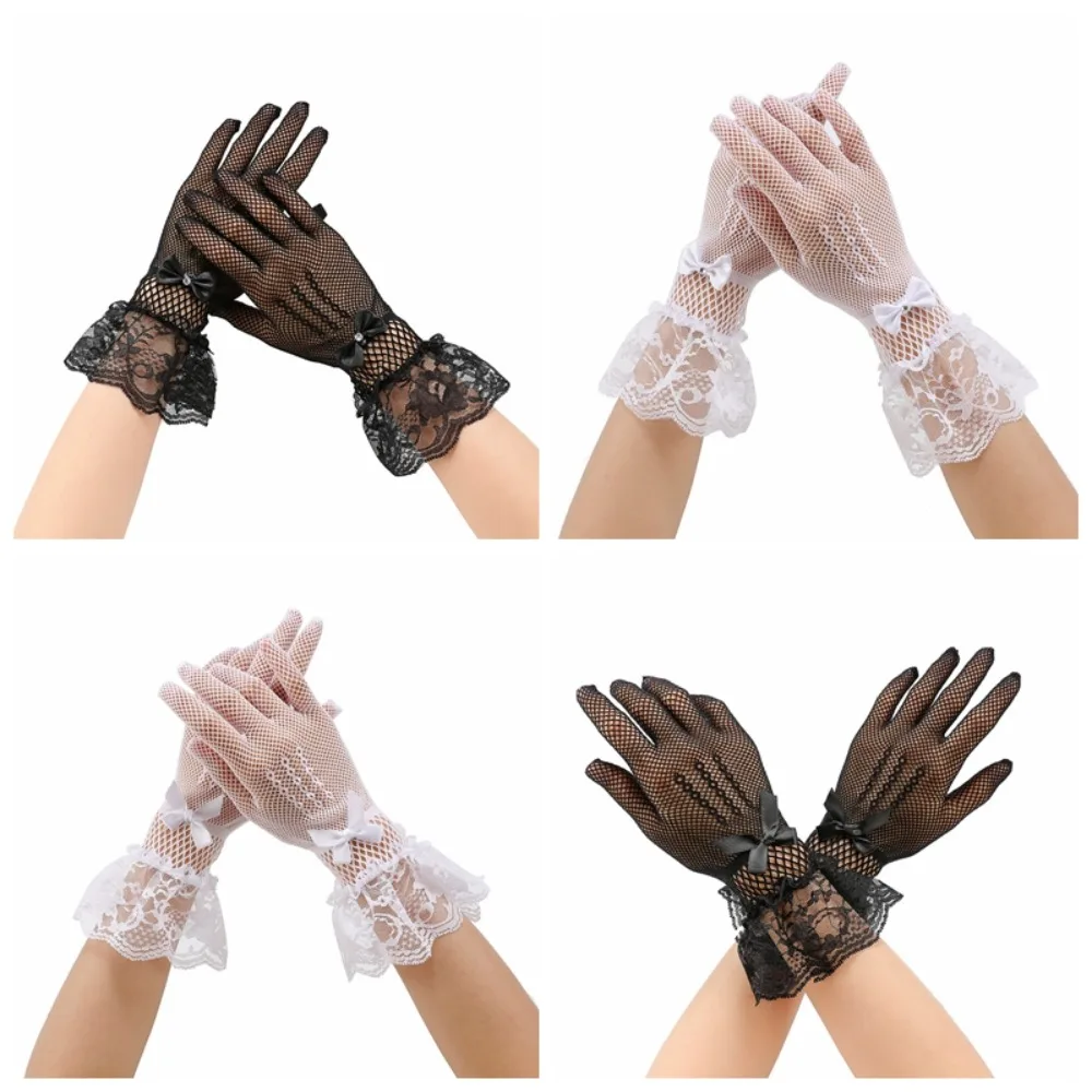 New Lace Fishnet Gloves Mesh Stretchy Stage Performance Gloves Breathable Bow Design Mittens Ladies