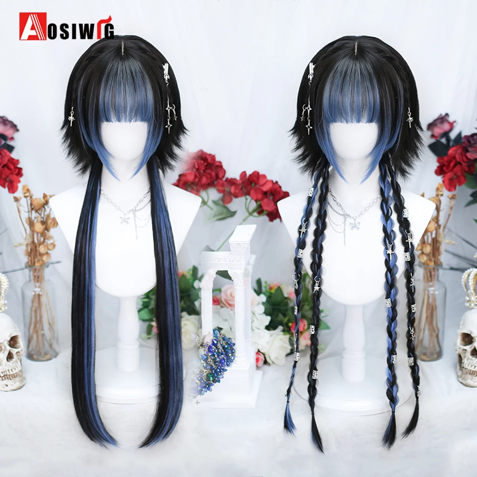 Ombre Synthetic Long Straight Hair  Black And Blue Harajuku Cool Wig Cosplay Lolita Party Wig For Women