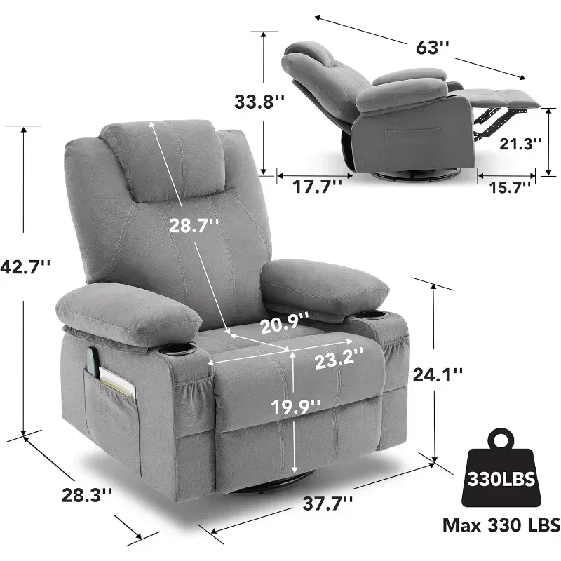 360 Degree Swivel Oversized Swivel Rocker Recliner Chair with Heat Massage Cup Holders and USB Port