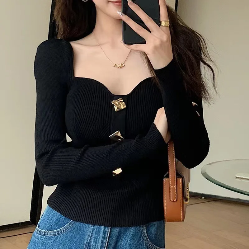 

Office Lady Knit Solid Skirts Set Vintage Square Collar Flare Sleeve Slim Cardigan Autumn 2022 High Waist Skirt Suit for Women