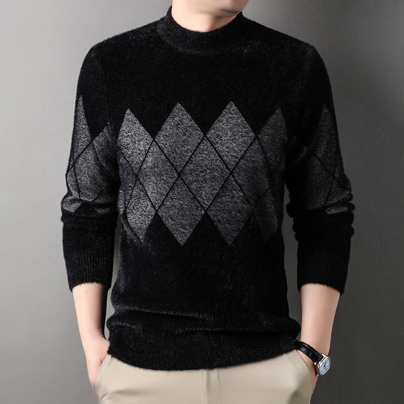 Hot Selling Men's Knitted Sweater Quality Plush Thickened Semi High Neck Geometric Jacquard Pullover Winter Versatile Menswear