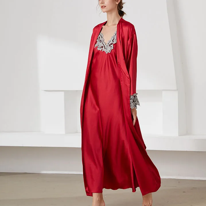 Krismile 2 Piece Sets Nightgowns Women 2025 Spring Autumn Elegant V Neck Slip Dress Patchwork Lace Robe Sleepwear Female