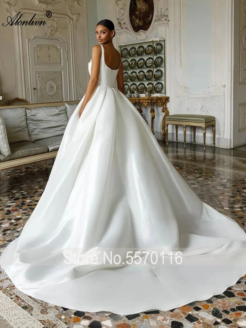 Alonlivn Luxury Satin Square Collar Puffy Ball Gown Wedding Dresses Court Train Beading Pearls Princess Bride Gowns