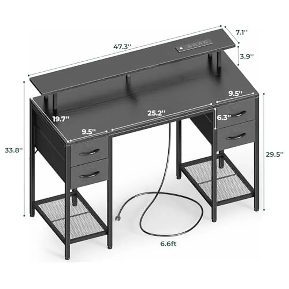 Computer Desk Gaming Desk LED Lights Power Outlets Storage Space 47"  4 Drawers Shelves USB Ports Monitor Stand Easy