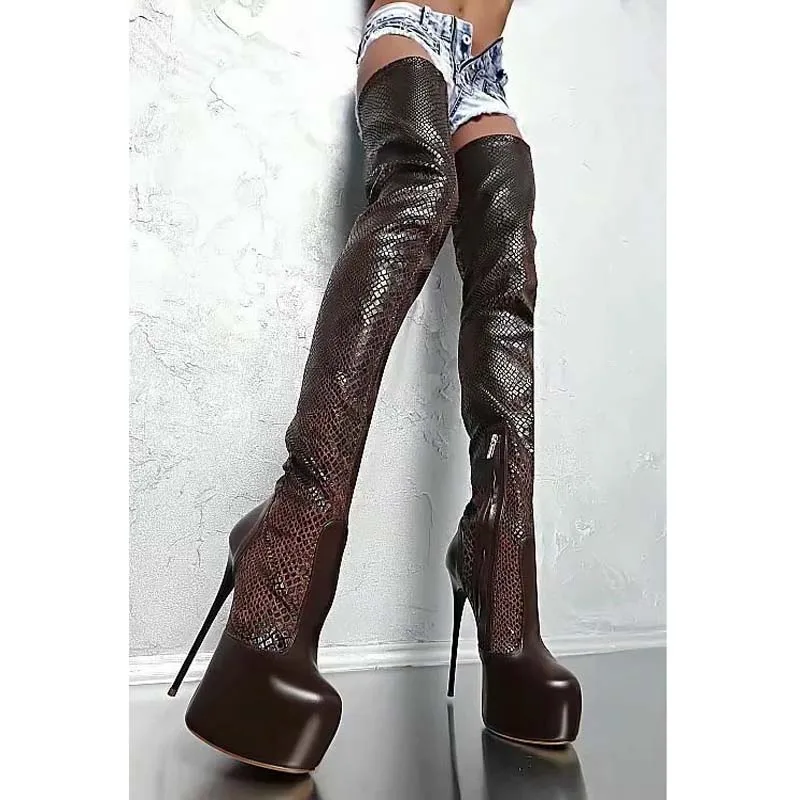 Super Sexy Women Stone Leather Patchwork Over Knee Boots Platform Thin High Heels Thigh Boots Ladies Stage Fashion Boots