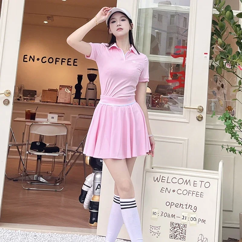 

BG Golf Women Wear Set Spring Summer Slim Short Sleeve Polo Shirt Tops High-waist Pleats Skirt Tennis Golf Clothing Suit Pink