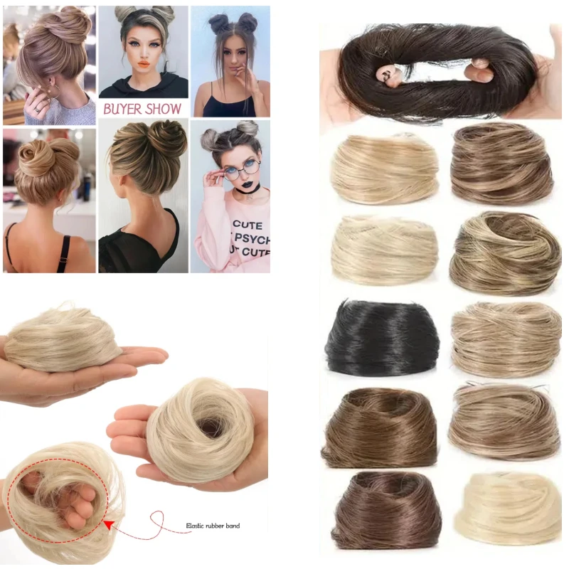 Synthetic Fake Hair Bun Rubber Band Multicolour Clip In On Hair Tail Extension Updo Natural High Ponytail For Women