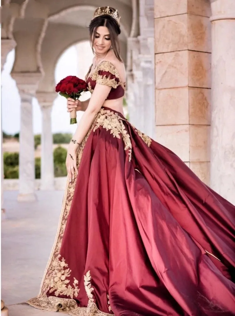 Traditional Tunisia  Arabic Two Pieces Burgundy Evening Dresses Applique gold lace Women Pants Prom Gowns Outfits