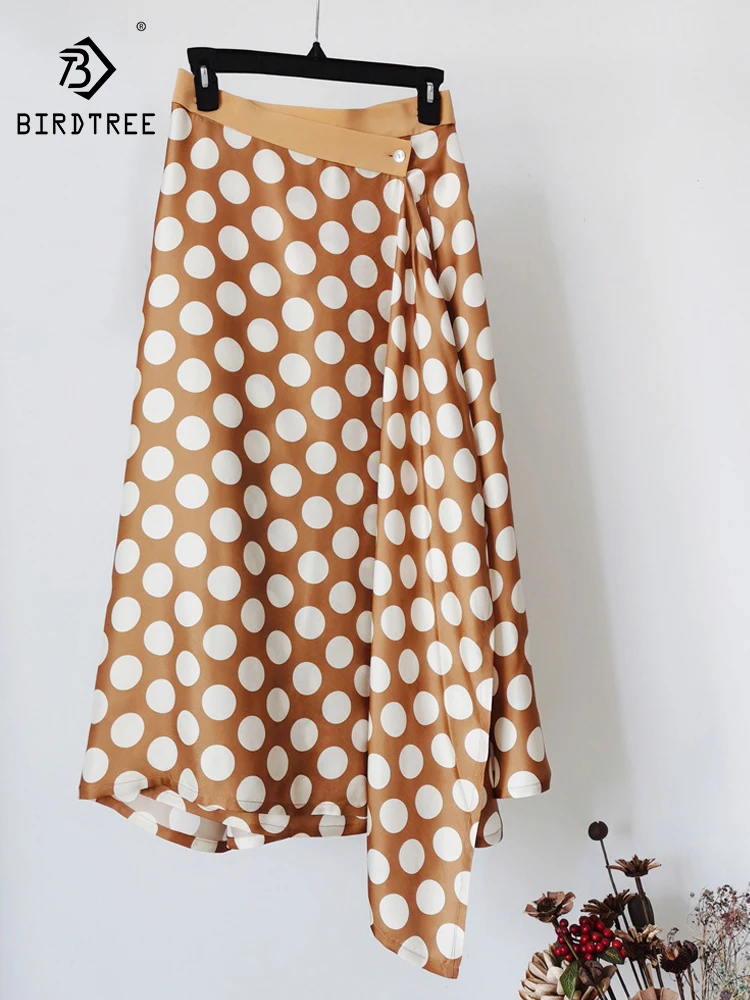 

Birdtree 100%Real Silk Retro Polka Dot Printed Skirt Women Asymmetrical Slit One Piece Wrap Middle Skirt 2024 Spring B41131QC