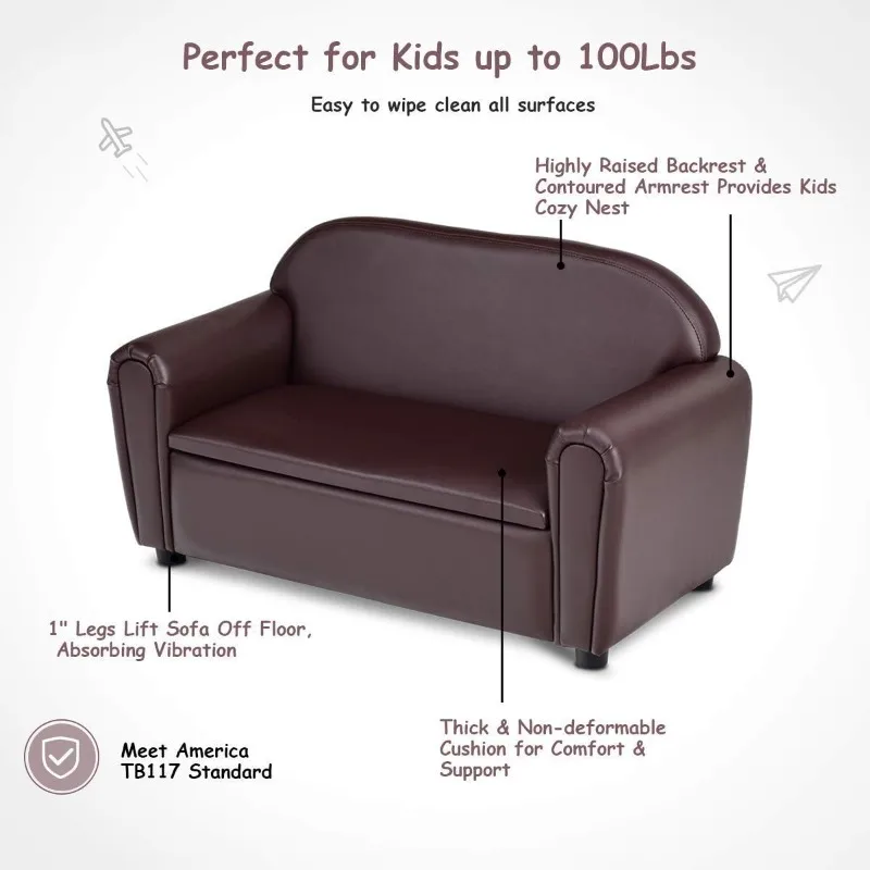 Kids Couch, 2 in 1 Double Seat Children's Sofa w/Under Storage, PU Leather Surface, Toddler Armrest Chair, Room, Soft