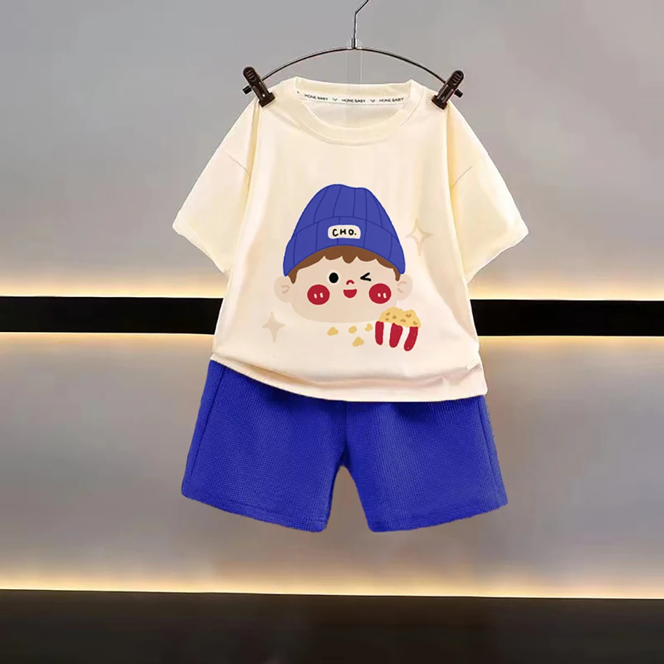 

Летние повседневные футболки с шортами в вафельном стиле для мальчиков, комплекты из 2 предметов, новый детский костюм с короткими рукавами, детская одежда, топы с героями мультфильмов для девочек