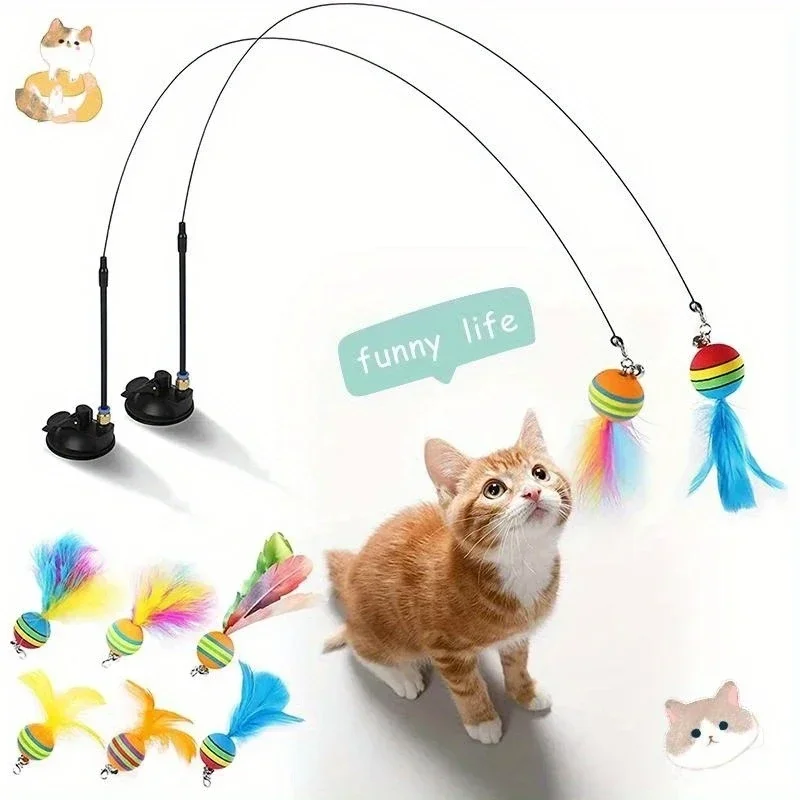 Suction cup type self entertaining cat teaser stick, can be fixed on the ground, wall or tabletop. Multi cat household use