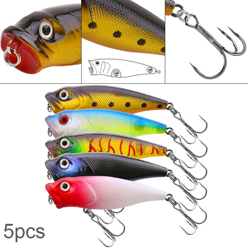 

5pcs 7cm 8.5g Simulation Popper Fishing Lure Kit Spindrift Floating Lure Pesca Jig Fishing Hook Set Built in Steel Ball