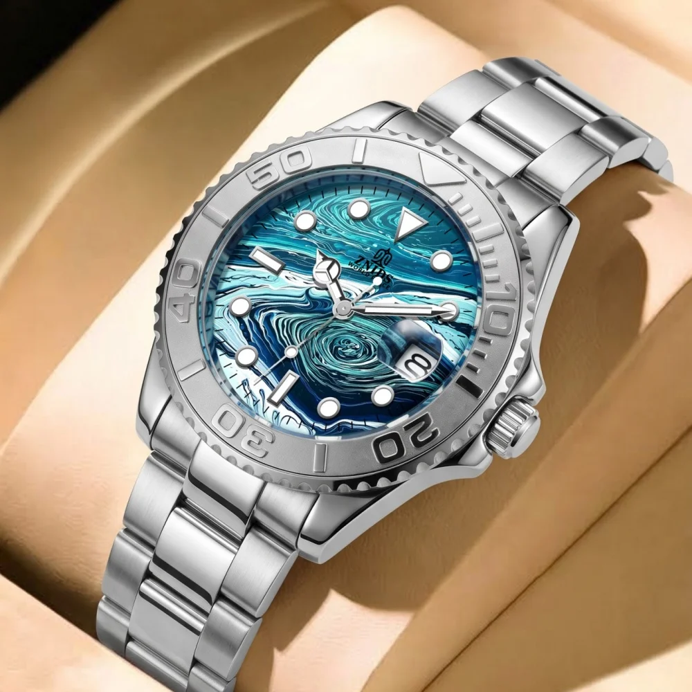 Men's Business Quartz Watch, Unique Swirl Art Texture Dial, Stainless Steel Strap, with Calendar Window, Luminous Hands, Rotatable Bezel, Waterproof and Scratch-Resistant, Fashionable Sporty Style, Suitable for Commuting and Outdoor Activities, Light Luxury and Elegant Men's Wristwatch