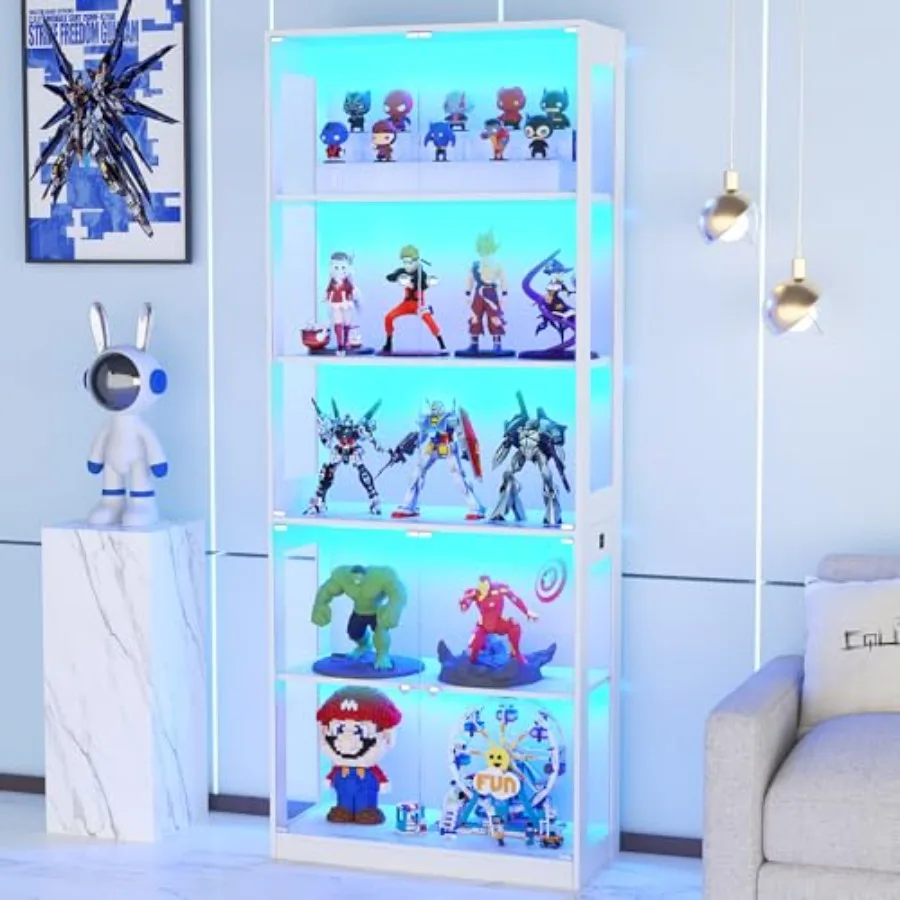 80'' Display Cabinet with Glass Door for Living Room, Tempered Glass and Wood, Black, Adjustable Shelves and LED Lighting
