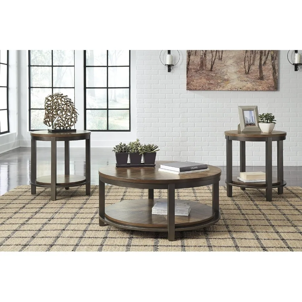 Includes 1 Coffee Table and 2 End Tables With Fixed Shelf Roybeck Rustic Round 3-Piece Table Set Furniture Light Brown Mesas