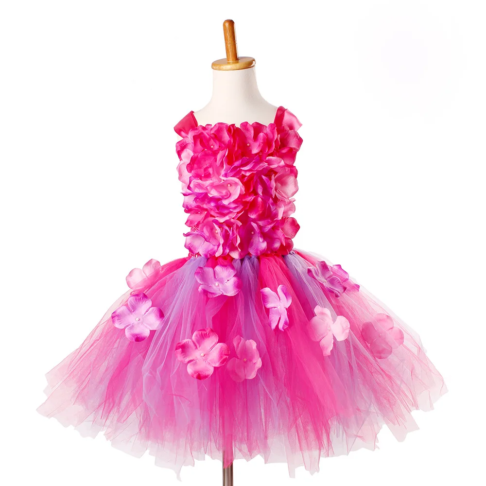 Pink Sweet Petal Elegant Unique Design Floral Printed Tutu Dress With Flower Hedaband Set Stage Performance Holiday Party Wear
