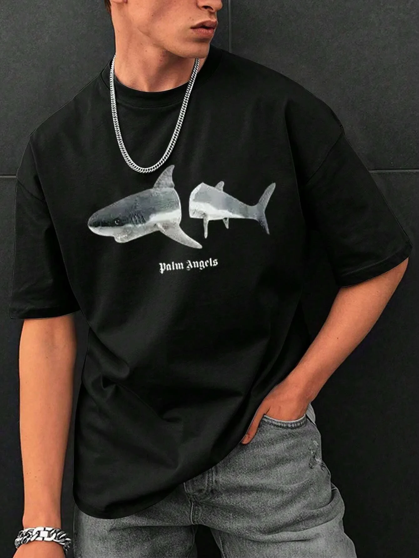 Short Sleeved T-Shirt Fun Cartoon Shark Design New T-Shirt o-Neck Black White Harajuku Men Tee Tops Cotton Fashion Clothing