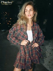 Clacive Fashion Loose Plaid 2 Piece Sets Women Outfit 2025 Elegant Long Sleeve Blouse With High Waist Pleated Mini Skirt Set