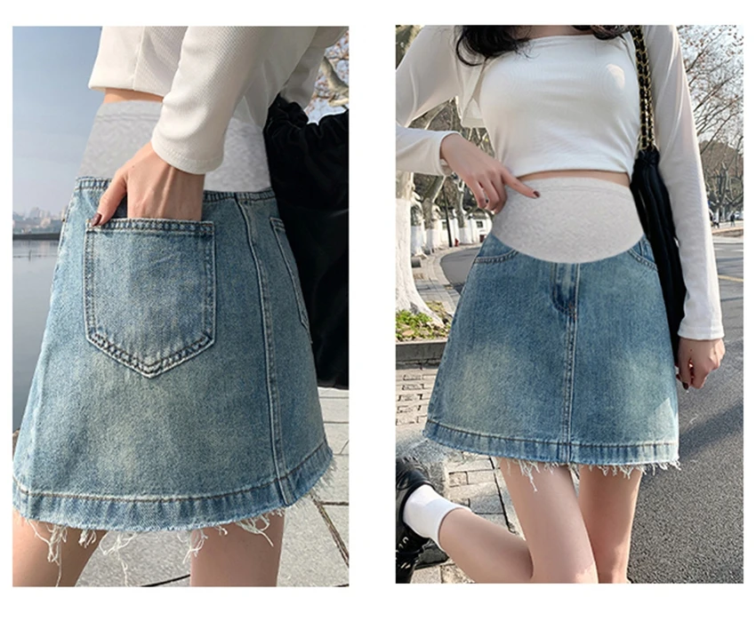 Pregnant women\'s denim belly support skirt Fashion high waisted A-line summer high waisted hip wrap short skirt