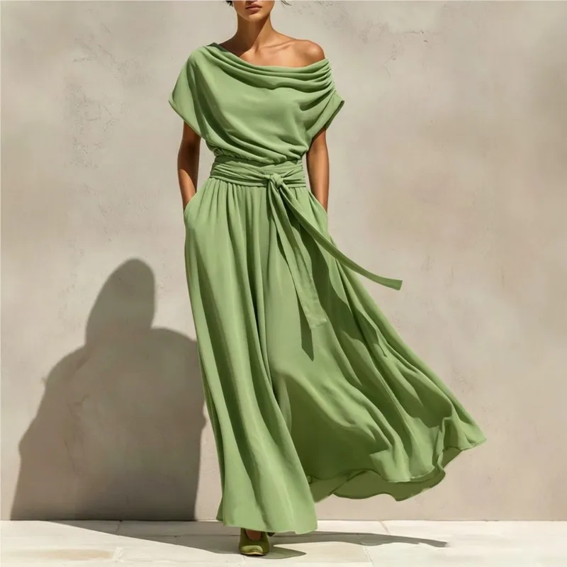Sexy Sloping Collar Woman's Dress Summer Fashion Solid Color High Waist Loose Fit Big Hem Dresses Ladies Elegant Office Vestidos