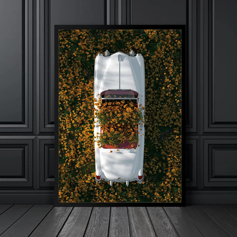 

Abstract White A Car Full of Flowers Posters,Wall Art Prints for Living Room,Sofa Wall Pictures,Natural Canvas Painting Artwork
