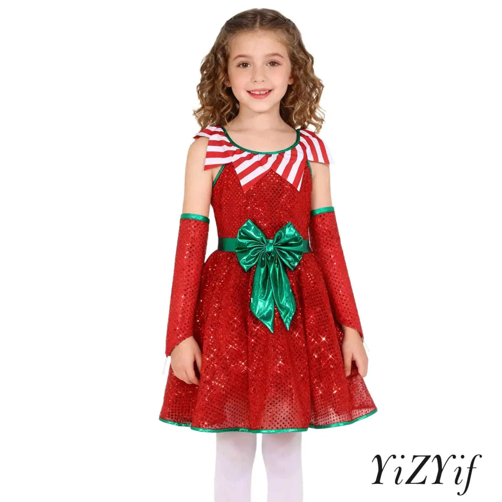 

Kids Girls Christmas Dress Candy Canes Outfit Sparkly Sequins Sleeveless Stripe Jagged Decor Tutu Dress with Matched Oversleeves