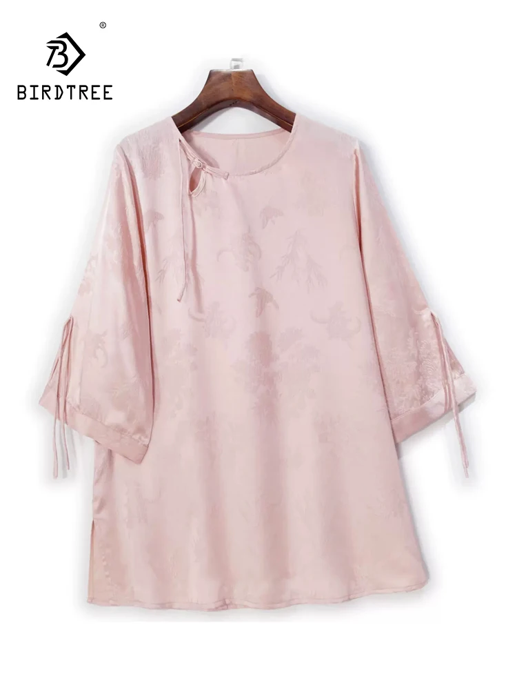 

BirdTree, 25MM Natural Silk Retro T-Shirts, Women Half Sleeve Jacquard Tassels, OL Commute Loose Tops, 2024 Summer New T45259QC