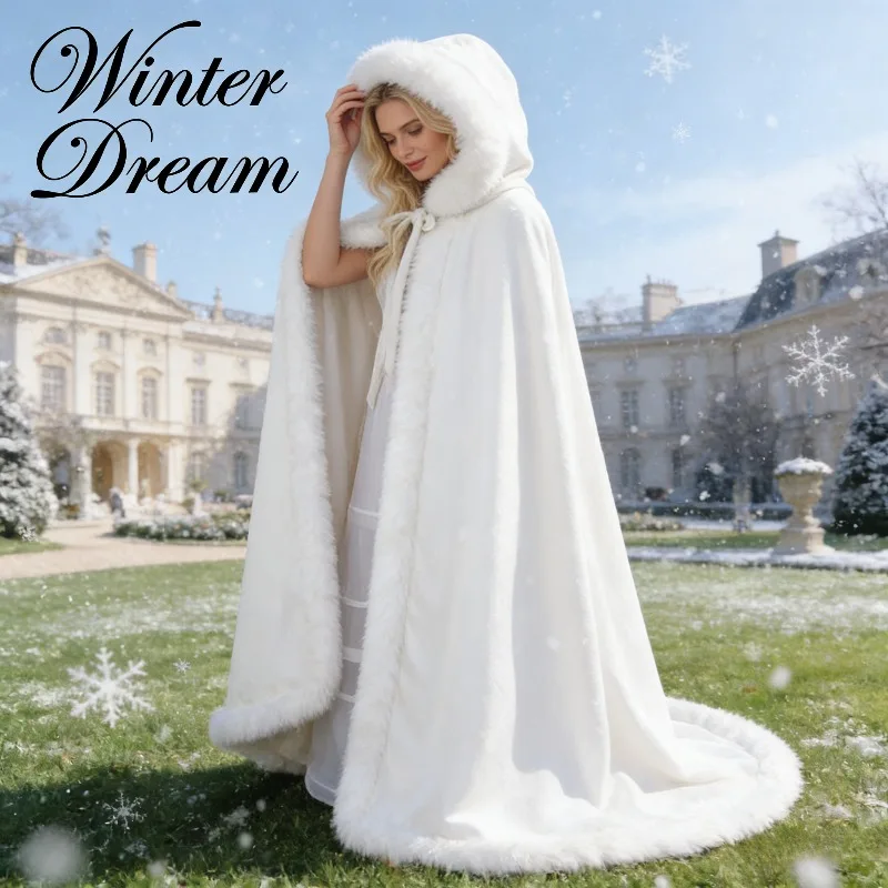

Пальто-накидка с капюшоном, белое, утепленное флисом, в стиле ретро, высококачественное, с длинным ворсом
